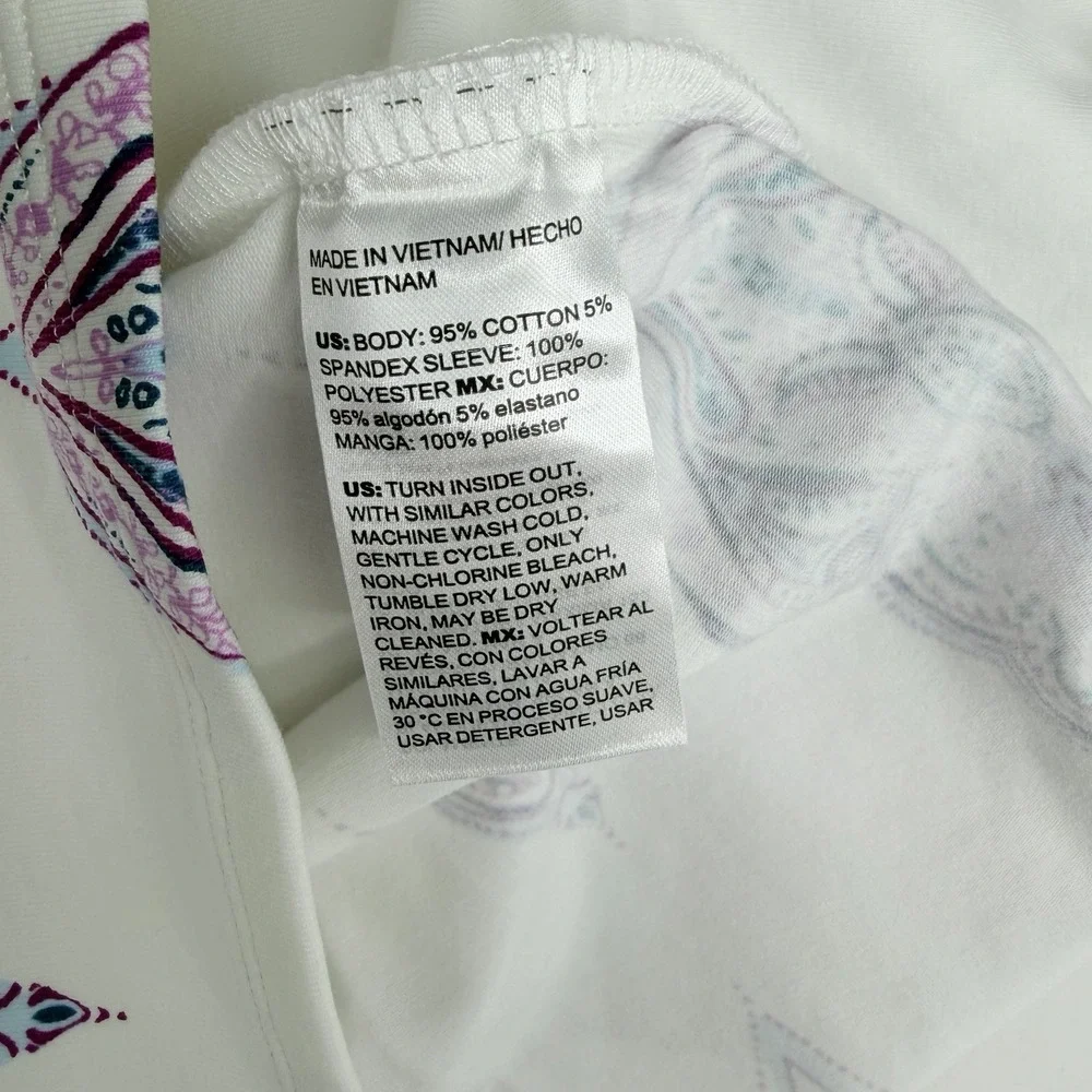 Chico's Knit Square Neck White Purple Paisley Chiffon Flutter Sleeve Top SZ-3-XL